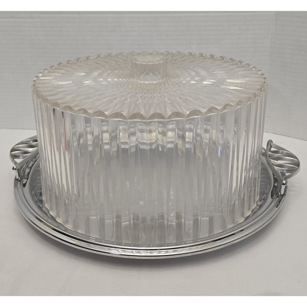 Vintage Mid-Century Modern Acrylic Cake Dome with Silver- Plated Serving Tray -
